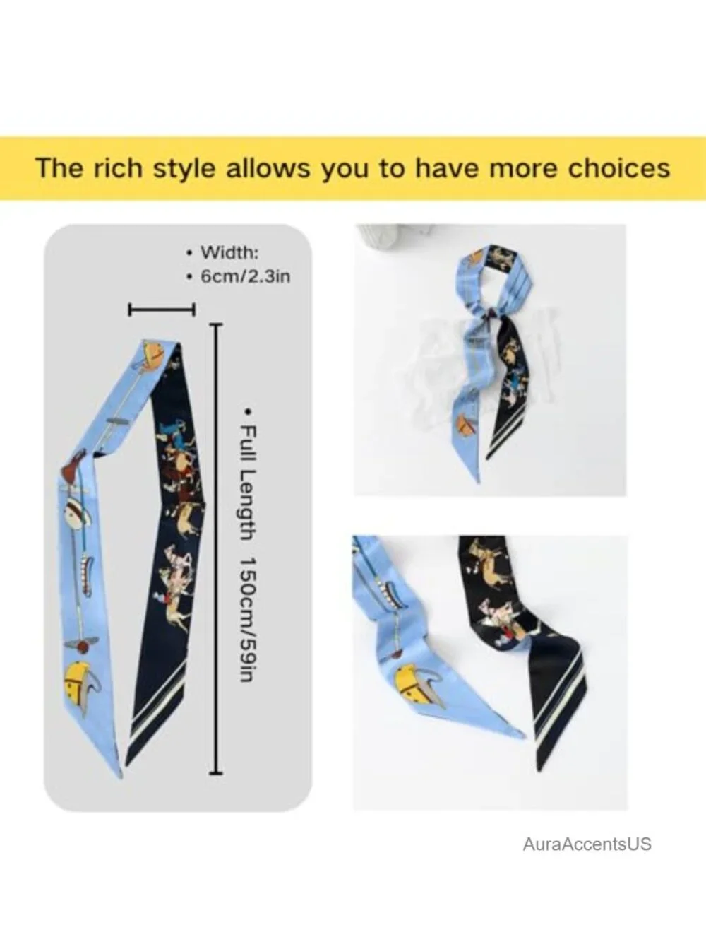 2 Pack Silk Fashion Skinny Scarf for Women, Long Neckerchief, Hair Ribbon,